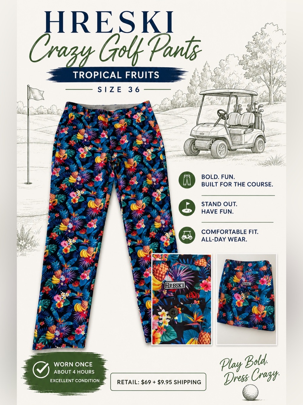Hreski Men's Tropical Fruit Golf Pants | Bachelor Party |Groomsmen | Size 36